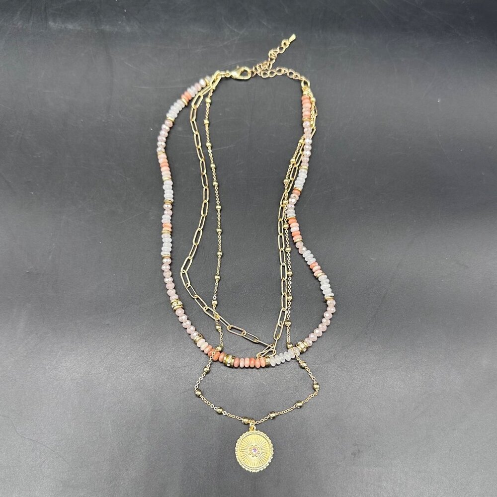 Three Strand Romantic Cottagecore Gold Tone Necklace Beads Pink White Statement - Picture 2 of 5